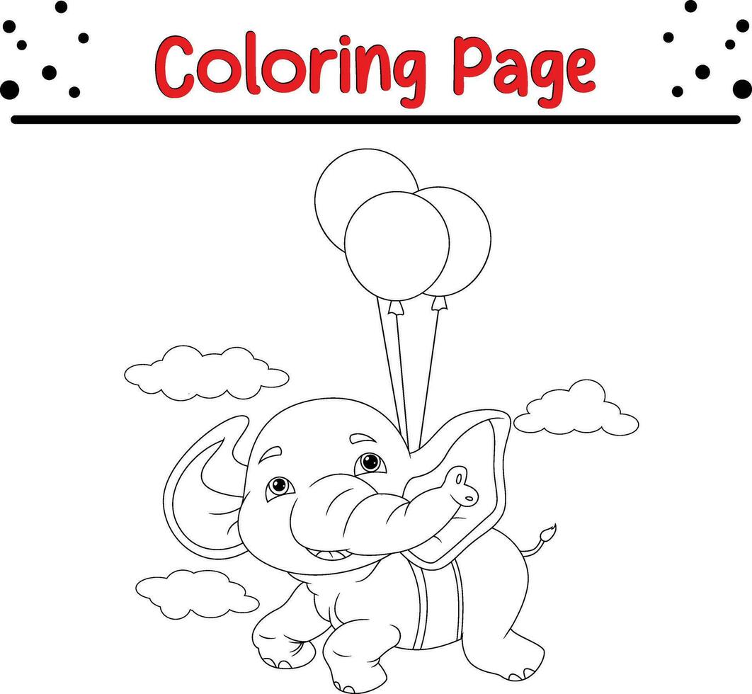 cartoon cute elephant flying with balloon coloring page for children. Vector illustration coloring book.