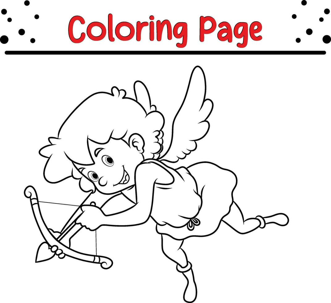 cute cupid holding love bow arrow coloring page for children. Vector illustration coloring book.