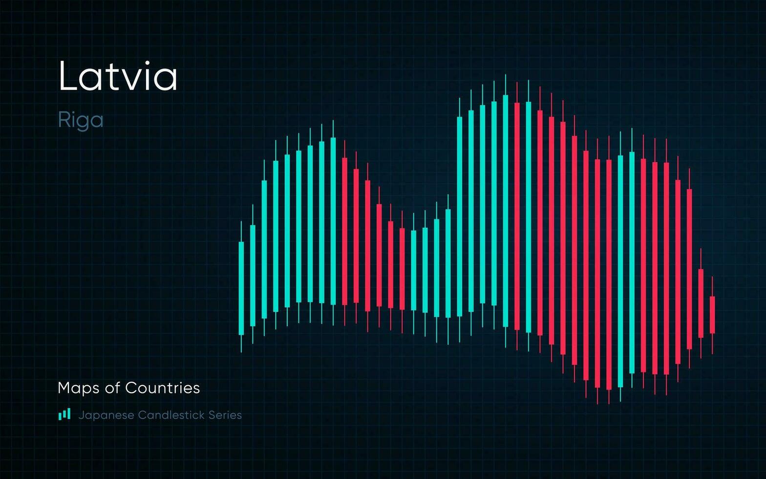 Letonia mapa es mostrado en un gráfico con barras y líneas. japonés candelero gráfico serie vector