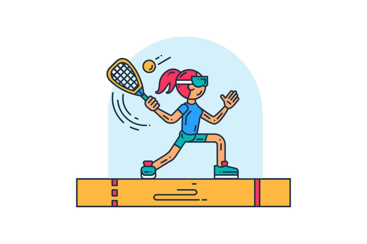 Young slender girl athlete in sportswear plays racquetball tennis with professional racket hitting ball. Sports and active lifestyle. Simple colored stroked vector icon isolated on white background