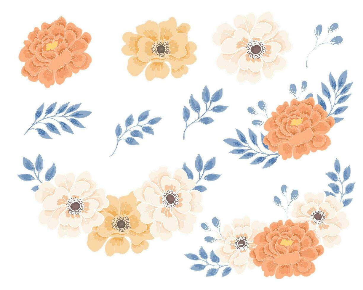Vintage Dusty Rose and Anemone Hand Drawn Flower vector