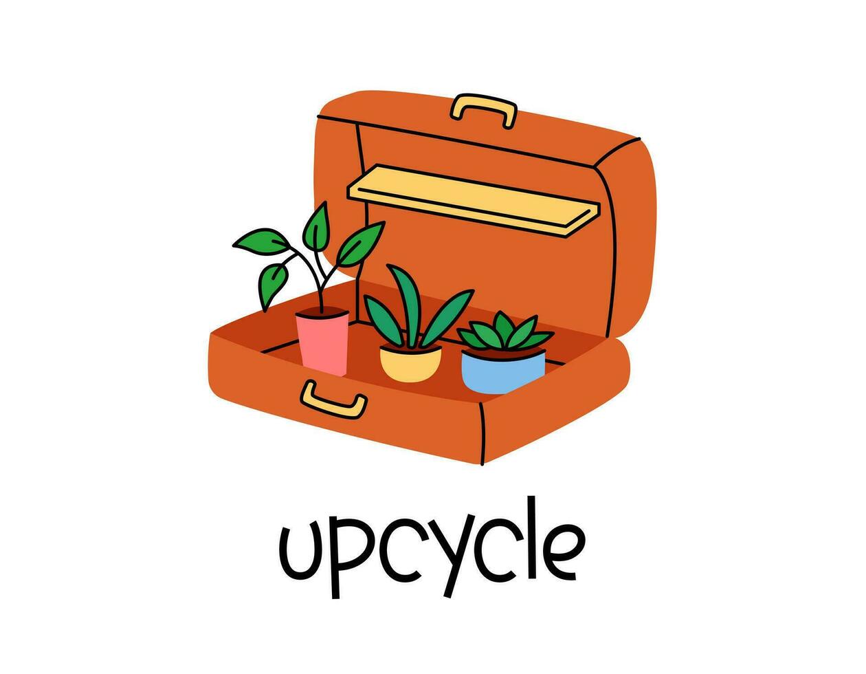 Upcycling vector illustration. Suitcase with potted house plants. Reuse and upcycle things concept. Sustainable living