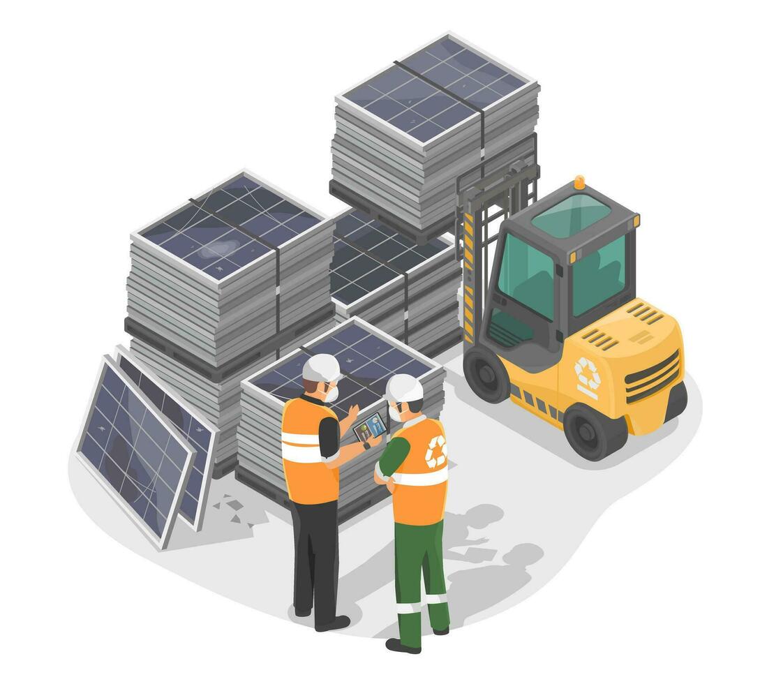 how to recycling solar panels Problem of Garbage from used solar cell panel process isometric isolated cartoon vector