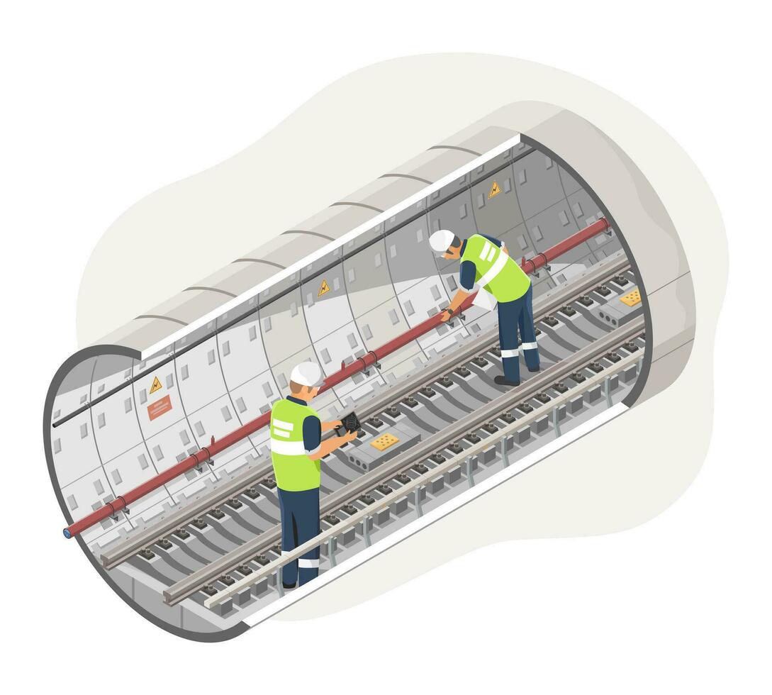 subterráneo ferrocarril ingeniero inspector inspeccionar construcción de subterraneo puente después mantenimiento isométrica aislado vector
