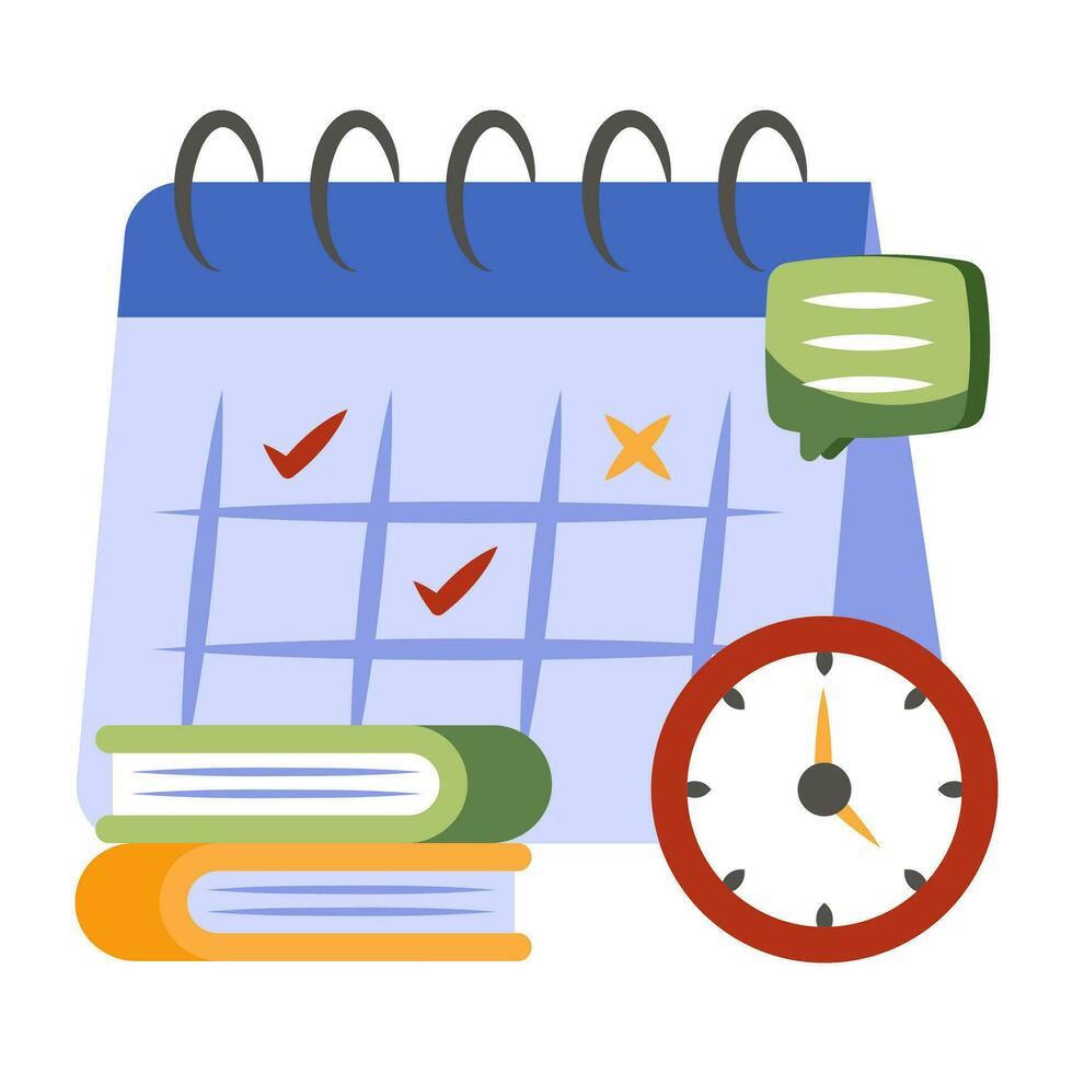 Clock with calendar and books, icon of study timetable vector