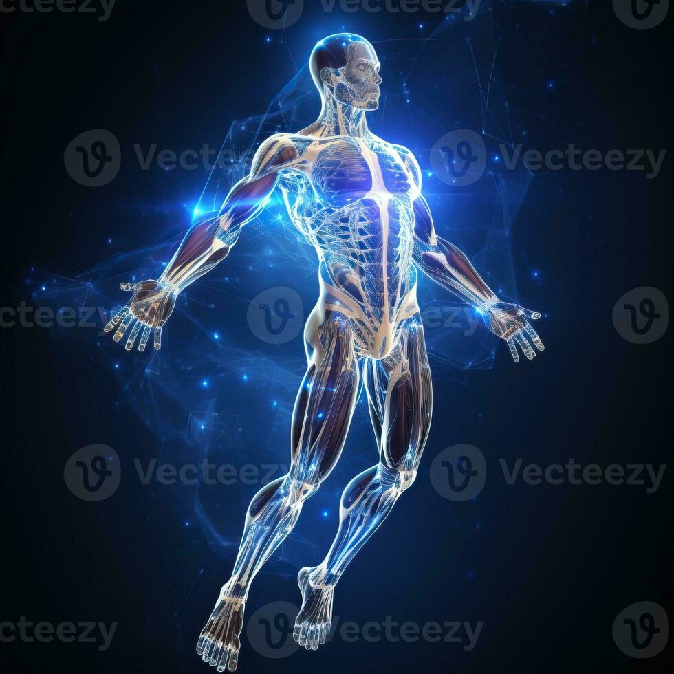 A image of Human body with skeletal system, x ray view on dark background. Generative AI photo