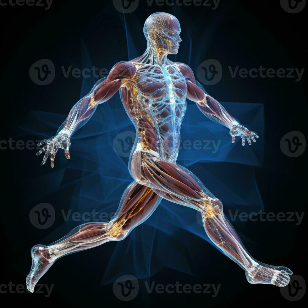 A picture of Human body with skeletal system, x ray view on dark background Generative AI photo