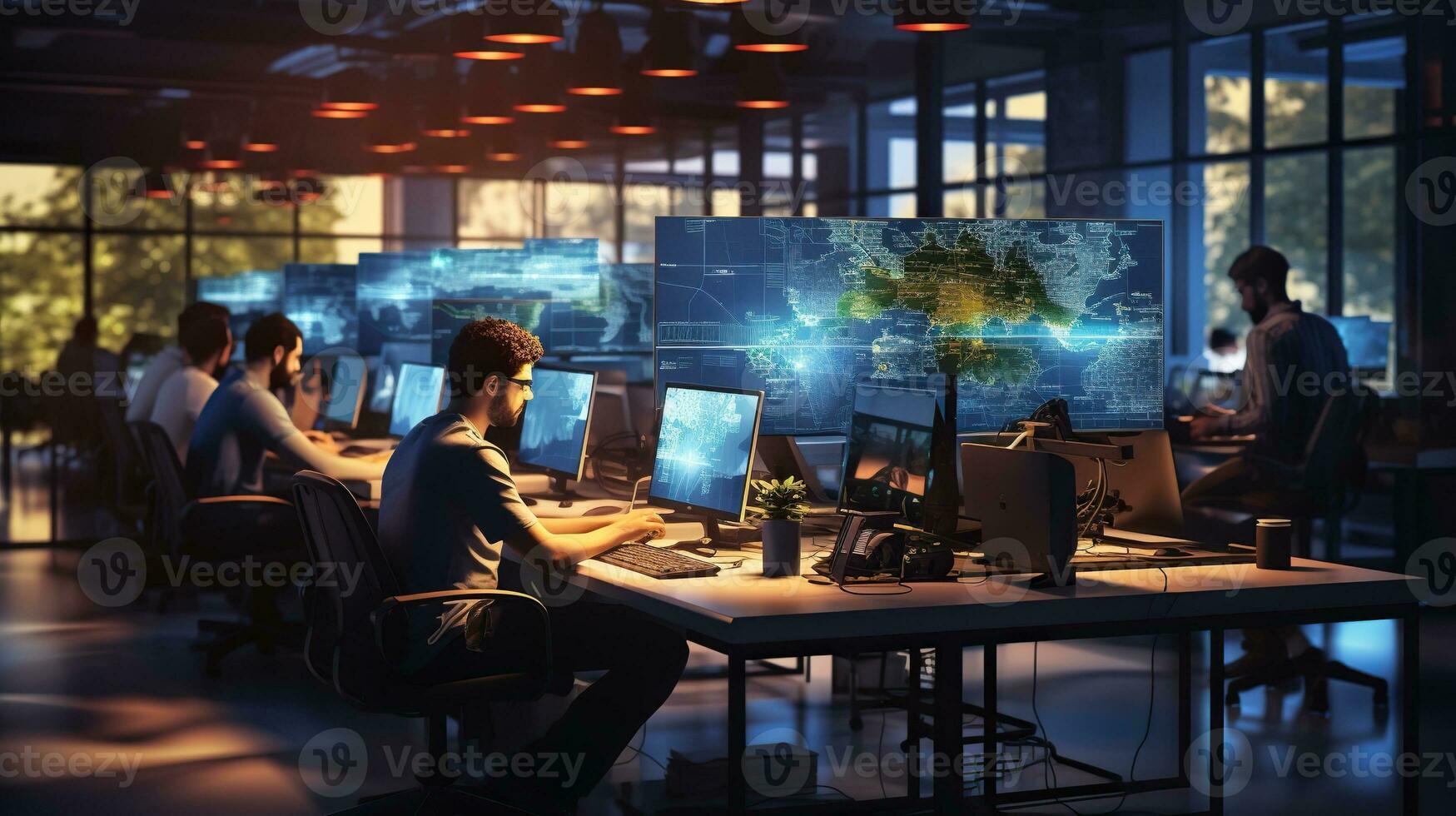 A image of Business people using computers in modern office at night working time Generative AI photo