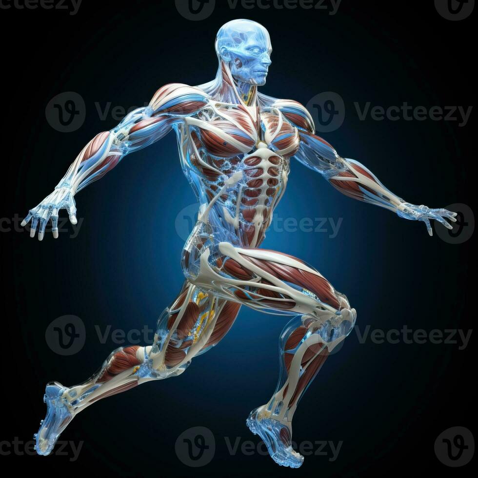 3D render of a male figure with muscle maps on a dark background Generative AI photo
