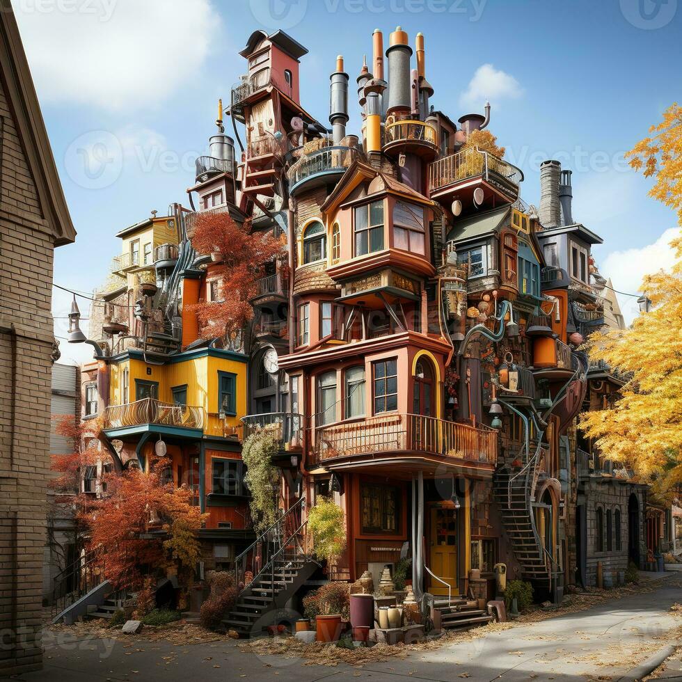 A photo of Colorful wooden houses on the streets of the city Generative AI