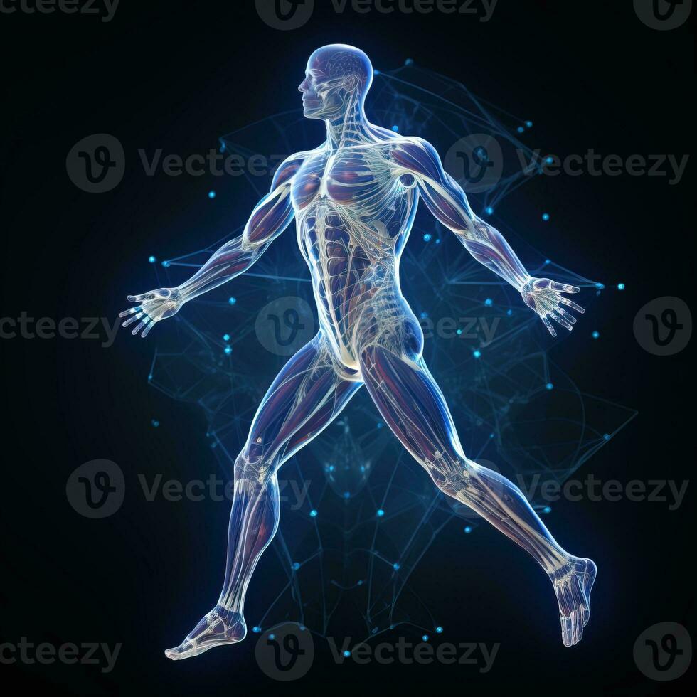 A photo of 3D render of a male figure with muscle maps on a dark background Generative AI