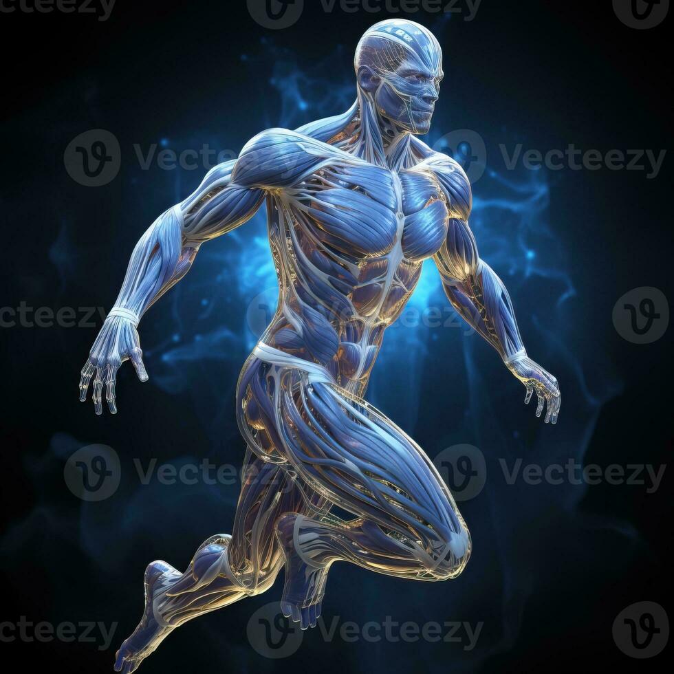 A picture of 3D render of a male figure with muscle maps on a dark background Generative AI photo