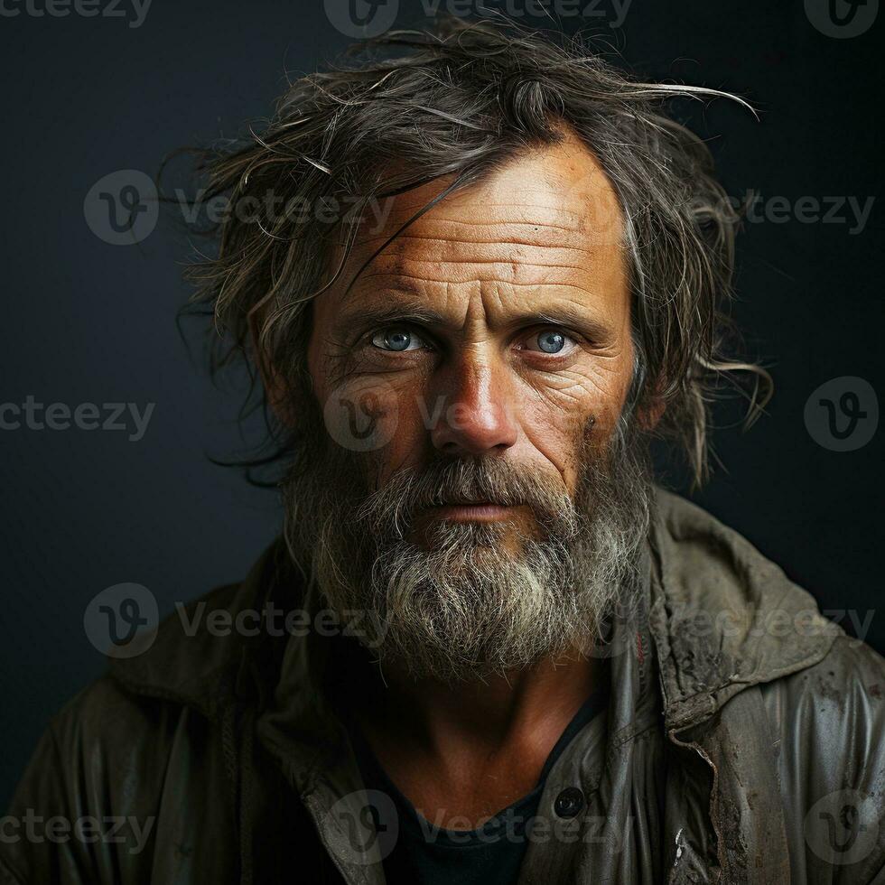 A closeup of Portrait of a handsome and old man with long hair and beard looking at camera Generative AI photo