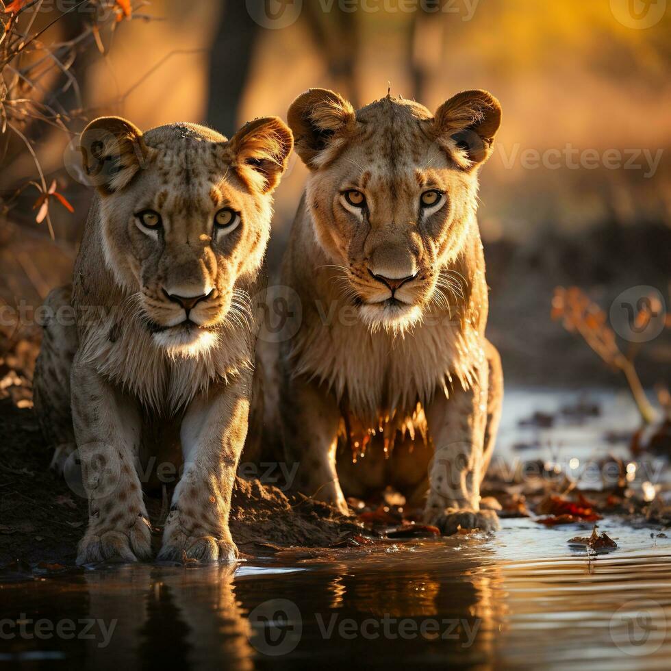 A image of Lion couple at sunrise in Kruger National Park South Africa Specie Panthera leo family of Felidae. Generative AI photo