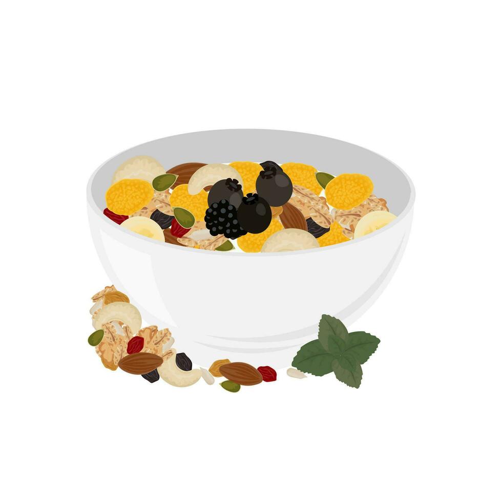 logo illustration of a healthy breakfast of granola cereal with yoghurt and fresh fruit vector