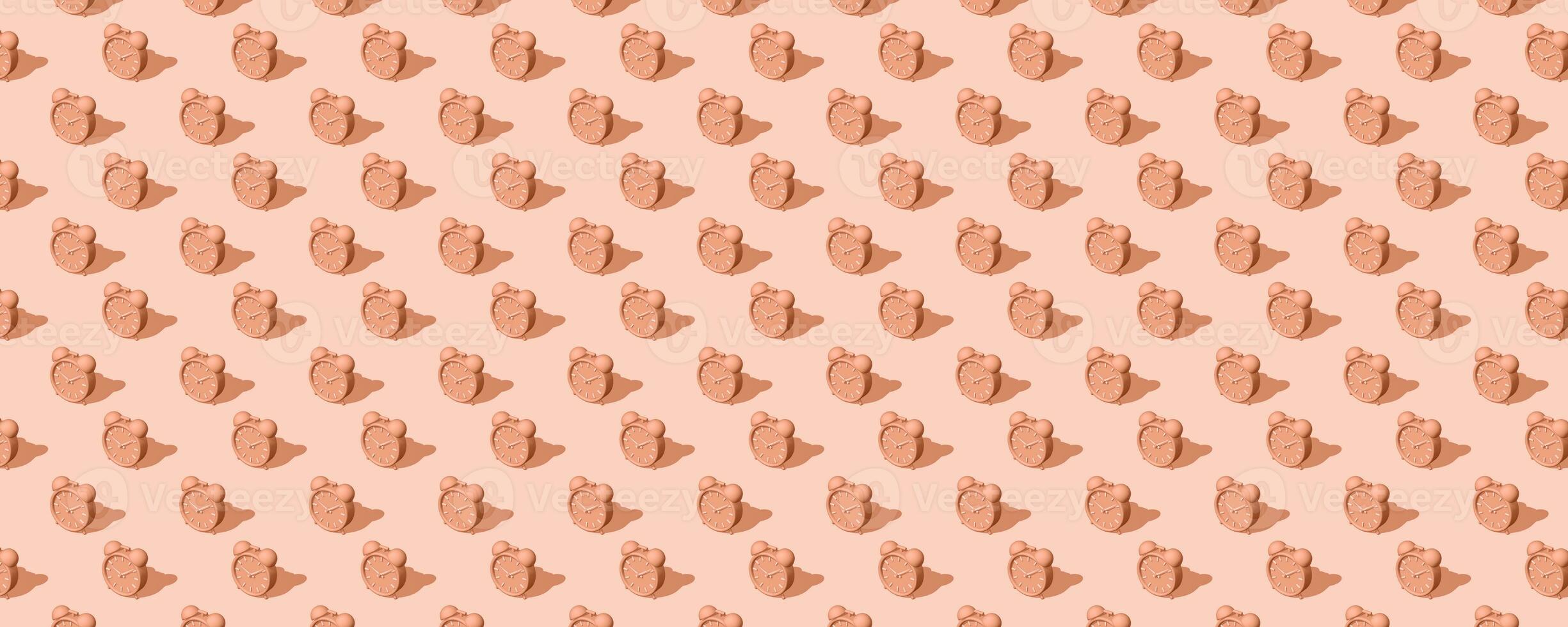 Banner of orange alarm clocks with shadow on orange background. Set. Seamless texture pattern. 3D illustration. Long shadow from the summer sunshine. photo