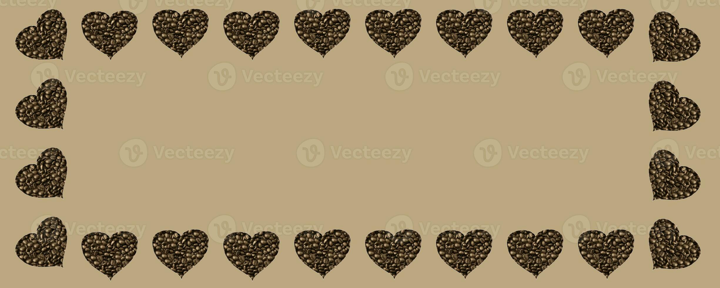 A pattern in form of frame of Hearts isolated on beige background. Coffee beans are poured in the shape of hearts. Photo with copy space.