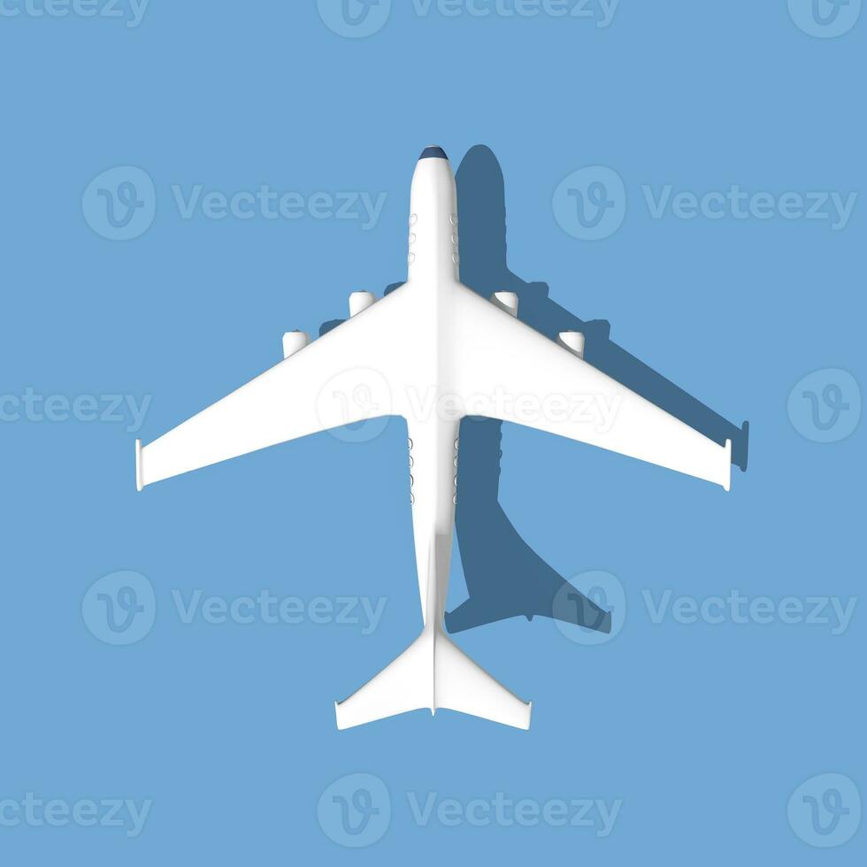 White 3d plane render with a shadow on a blue background. Airplane travel background illustration. 3D Rendering. photo