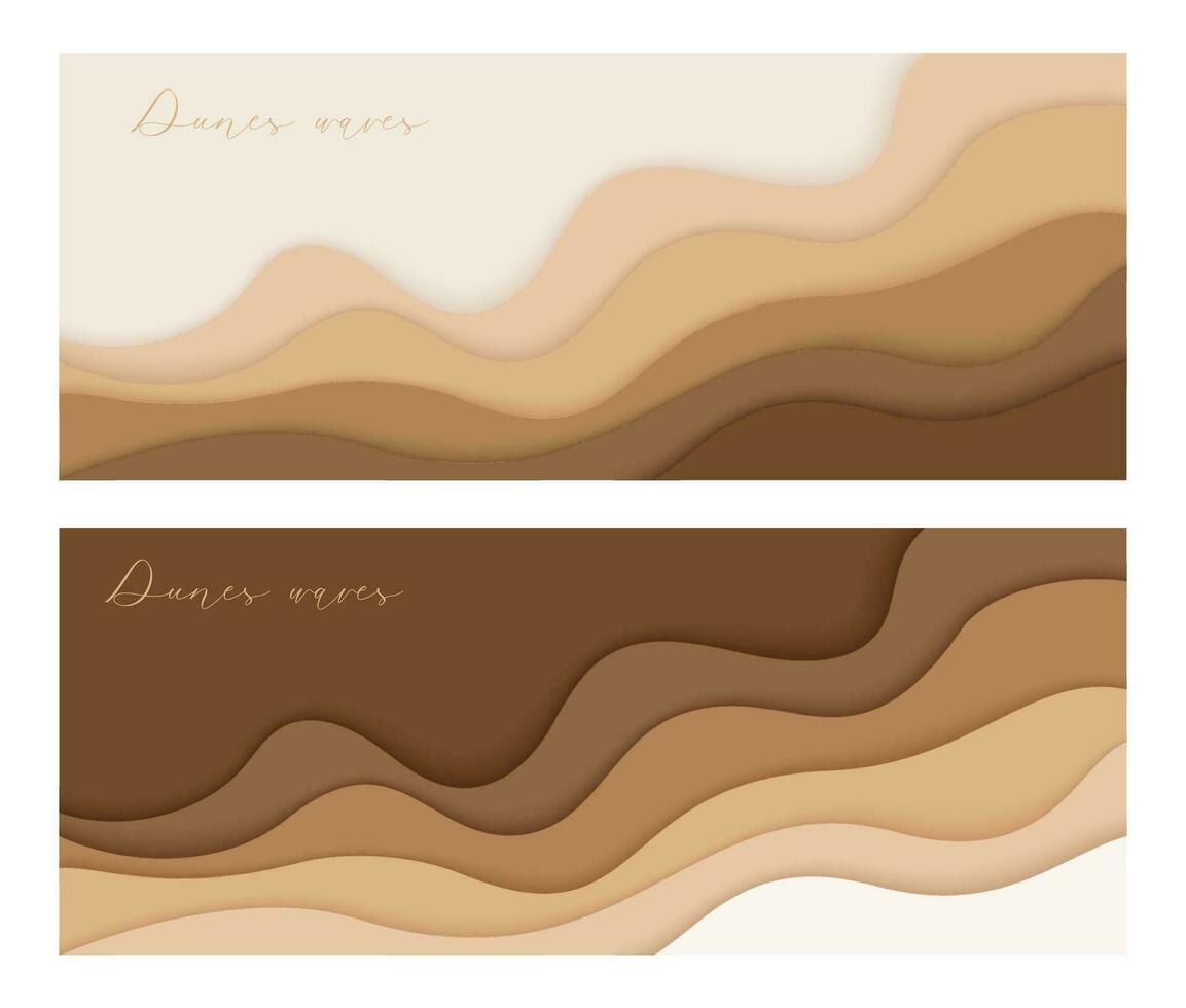 Desierto ondas, arena dunas papel Arte dos pancartas colocar, póster plantillas. desnudo beige olas corte de papel estilo. vector ilustración eps 10