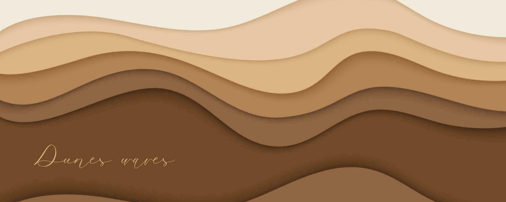 Desert waves, sand dunes paper art banner, poster template. Nude beige waves papercut style. Vector illustration EPS 10.