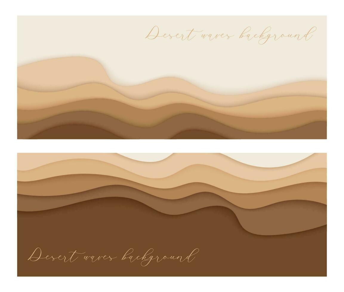 Desert waves, sand dunes paper art two banners set vector