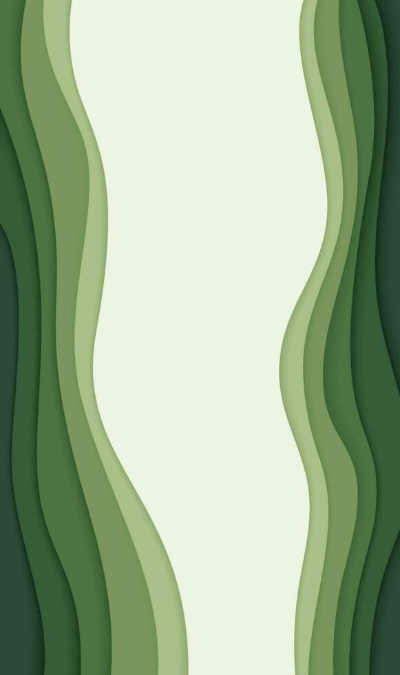 Deep forest green waves, paper art banner in vertical format. Nature greenery color story template in papercut style. Vector illustration EPS 10.