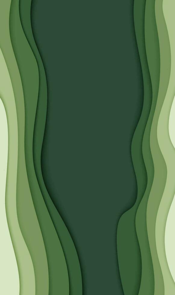 Deep forest green waves, paper art vertical banner. Nature greenery color poster template in papercut style. Vector illustration EPS 10.