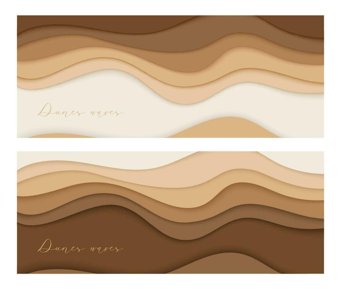 Desert waves, sand dunes paper art two banners set, poster templates. Nude beige waves papercut style. Vector illustration EPS 10.