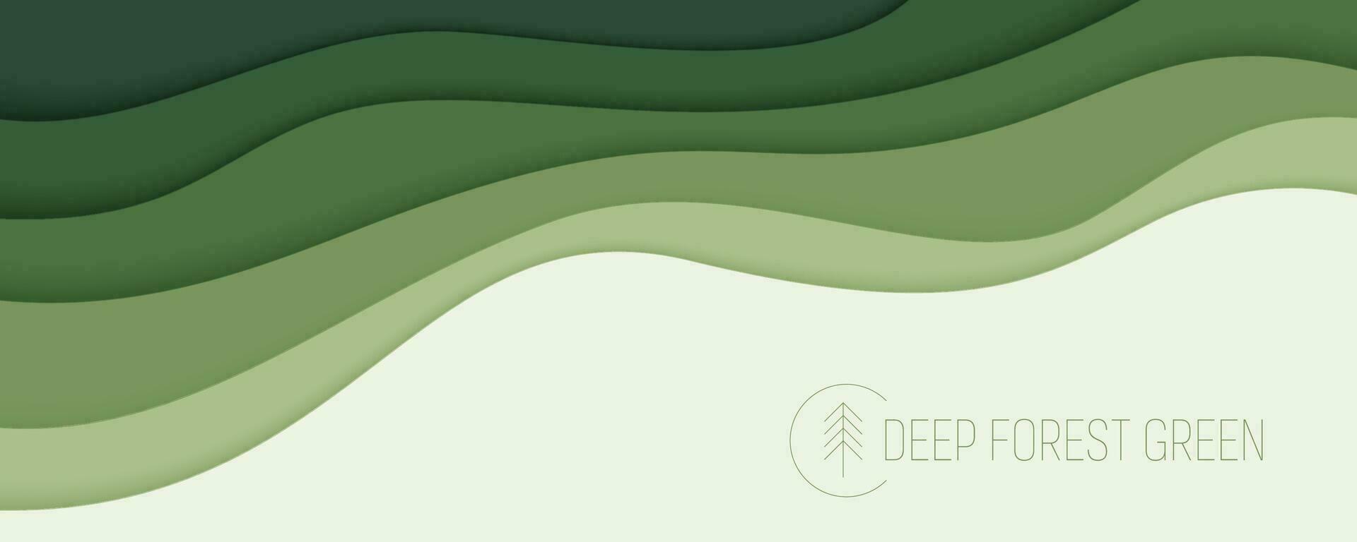 Deep forest green waves, paper art banner. Nature greenery color poster template in papercut style vector