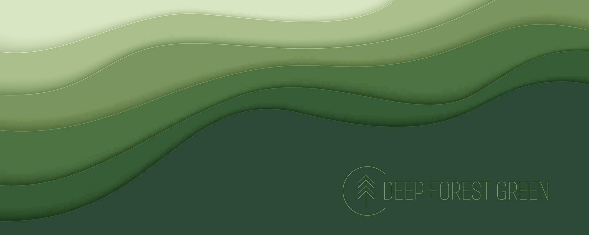 Deep forest green waves, paper art banner. Nature greenery color poster template in papercut style. Vector illustration EPS 10.