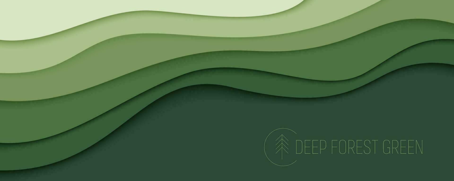 Deep forest green waves, paper art banner. Nature greenery color poster template in papercut style. Vector illustration EPS 10.