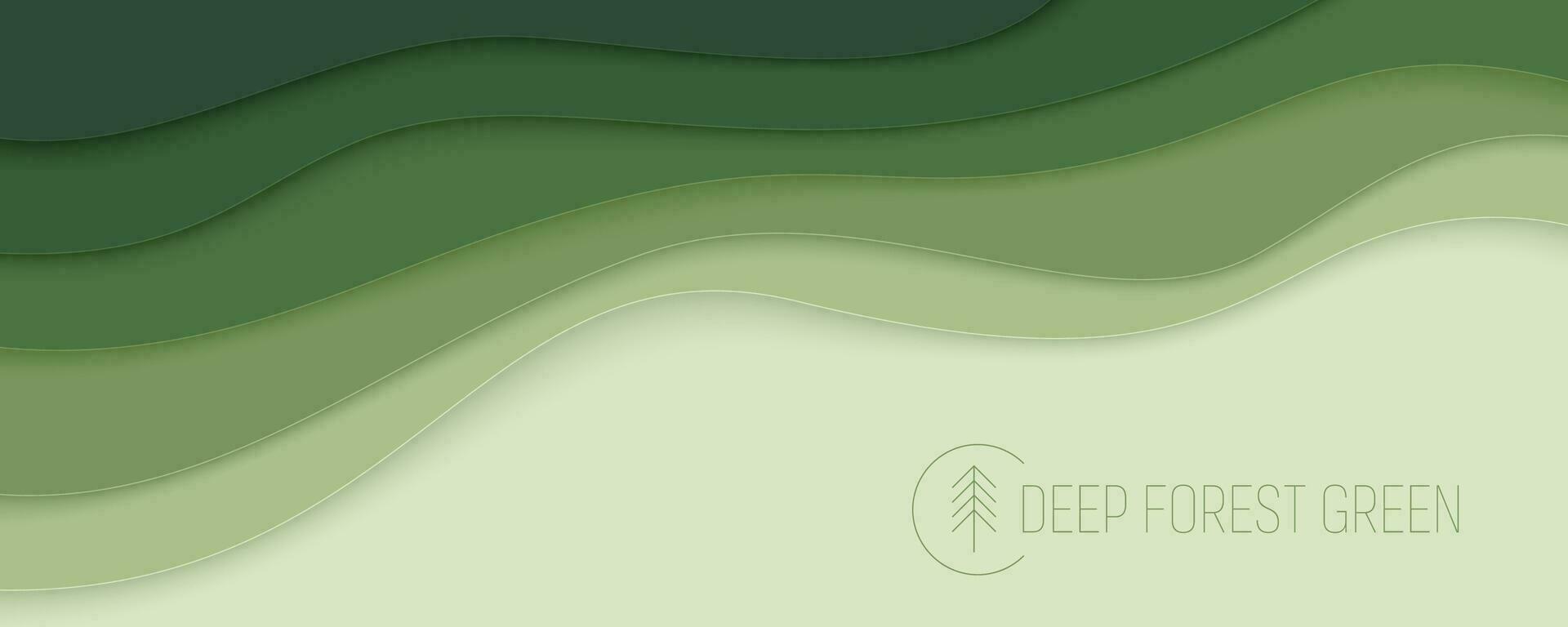 Deep forest green waves, paper art banner. Nature greenery color poster template in papercut style. Vector illustration EPS 10.