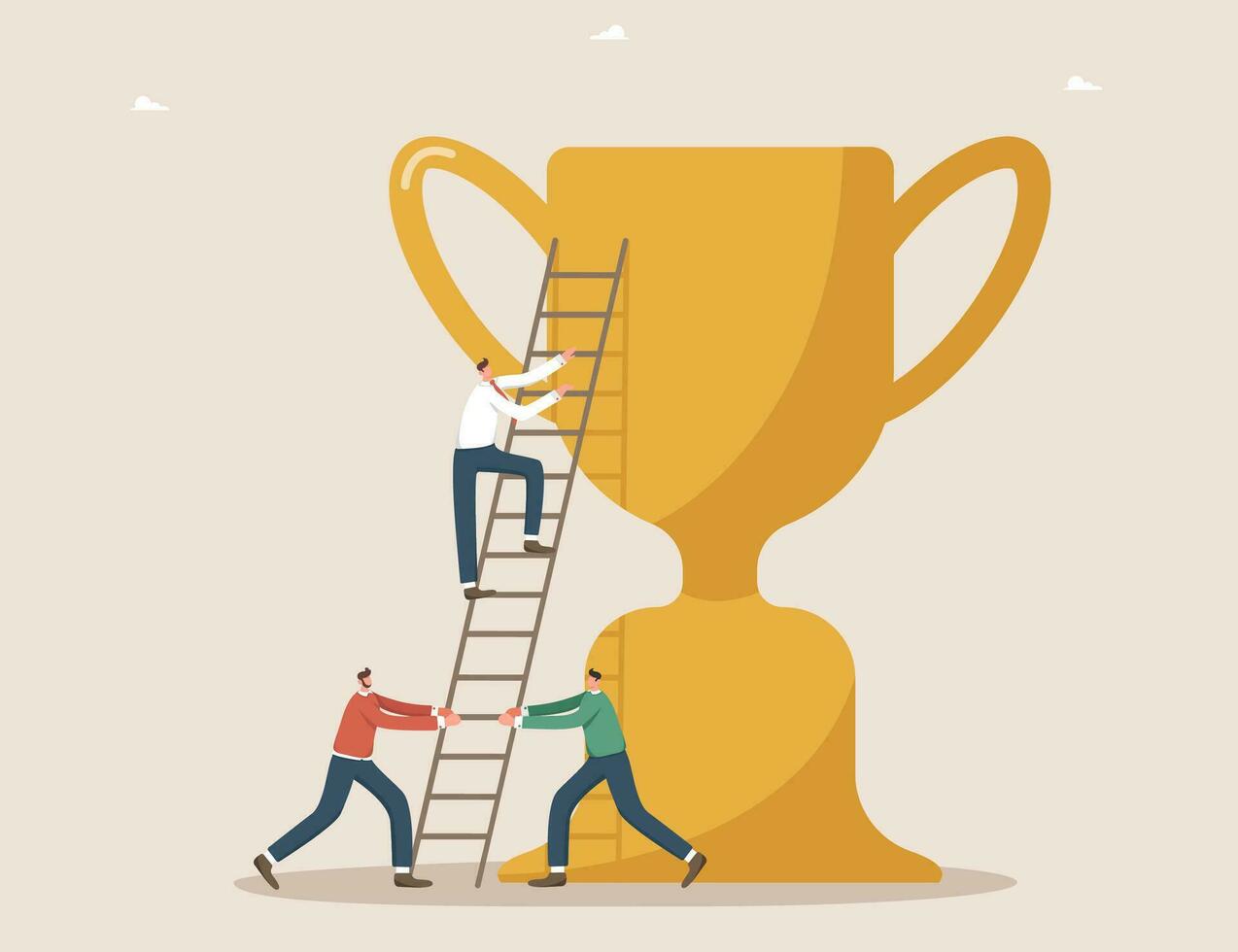 Men holding ladder to cup and man goes upstairs vector
