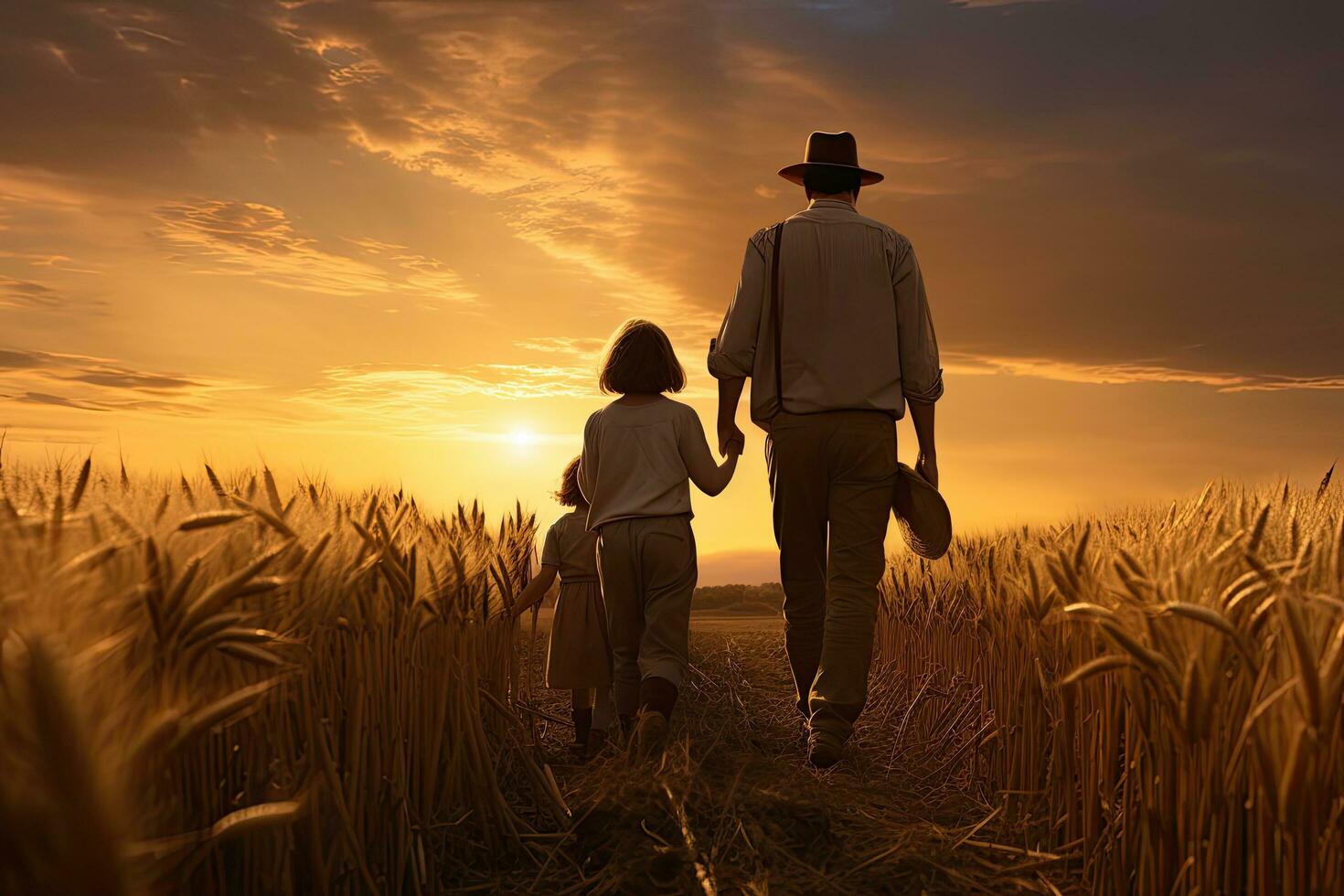 Back view of father and daughter walking in wheat field at sunset, rear view of the Father and his children walking in the field in sunset, AI Generated photo