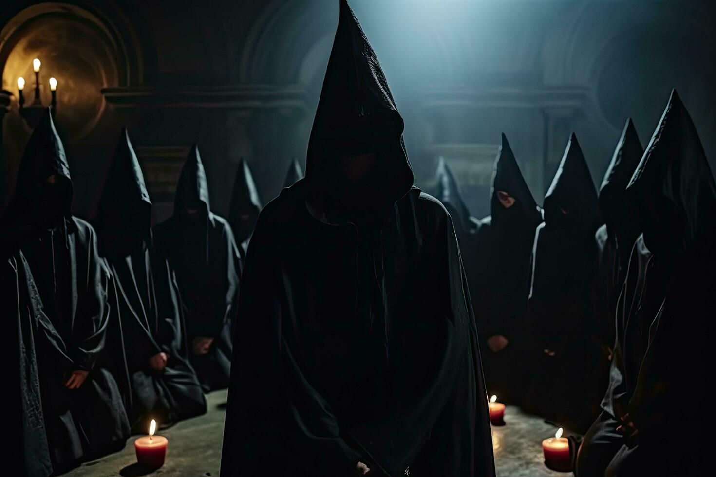 Horizontal image of man in black death costume with burning candles in church, Secret society ceremony, people in hoods praying together. Members of sect perform the ritual in dark hall, AI Generated photo