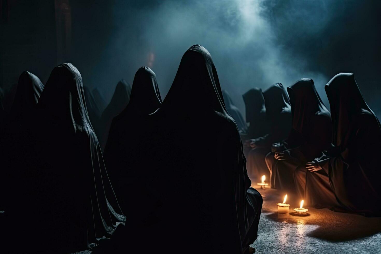 Group of unknown people in the dark with a lit candle. Halloween concept, Secret society ceremony, people in hoods praying together. Members of sect perform the ritual in dark hall, AI Generated photo