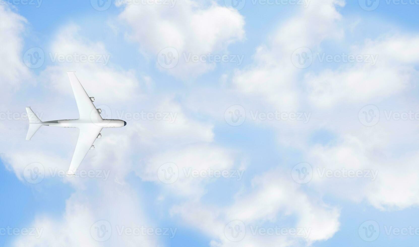 Airplane 3d render on a background of blue sky and clouds. Illustration with copy space. photo