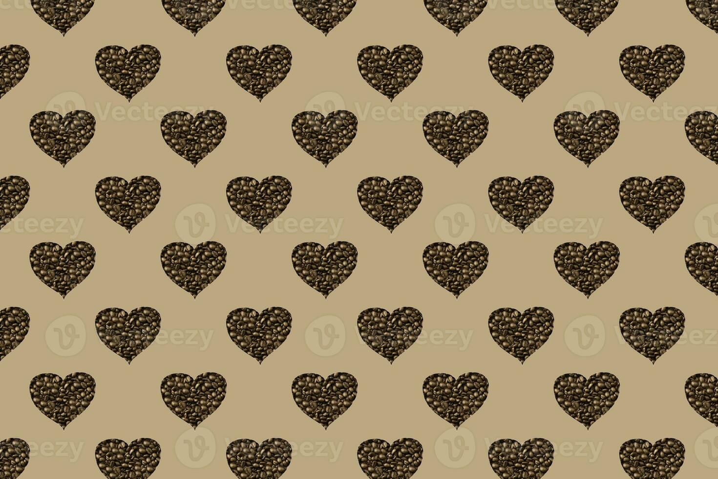 Seamless pattern of Hearts isolated on beige background. Coffee beans are poured in the shape of hearts. photo