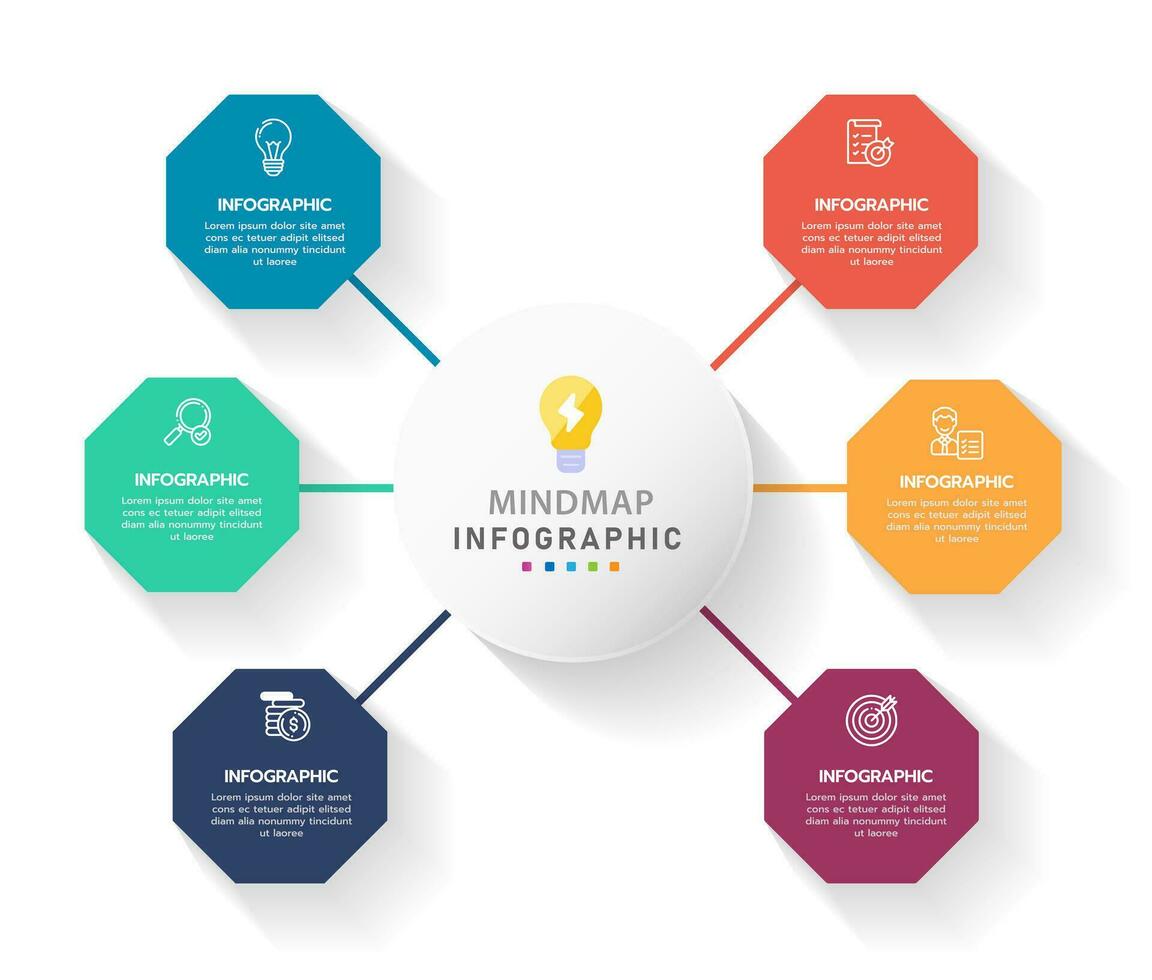 Infographic template for business. 6 Steps Modern Mindmap diagram with octagon and circle topics, presentation vector infographic.