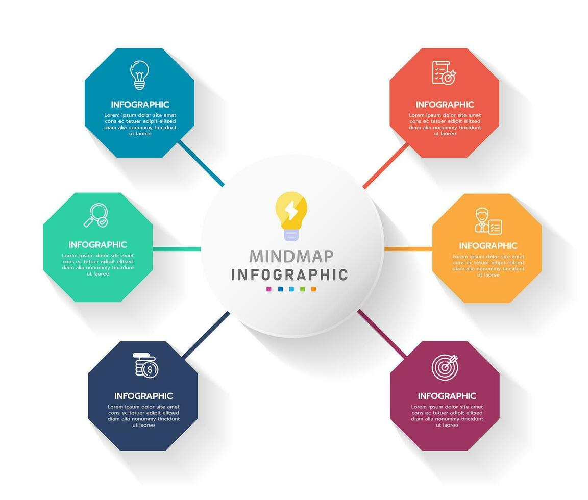 infografía modelo para negocio. 6 6 pasos moderno mapa mental diagrama con octágono y circulo temas, presentación vector infografía.