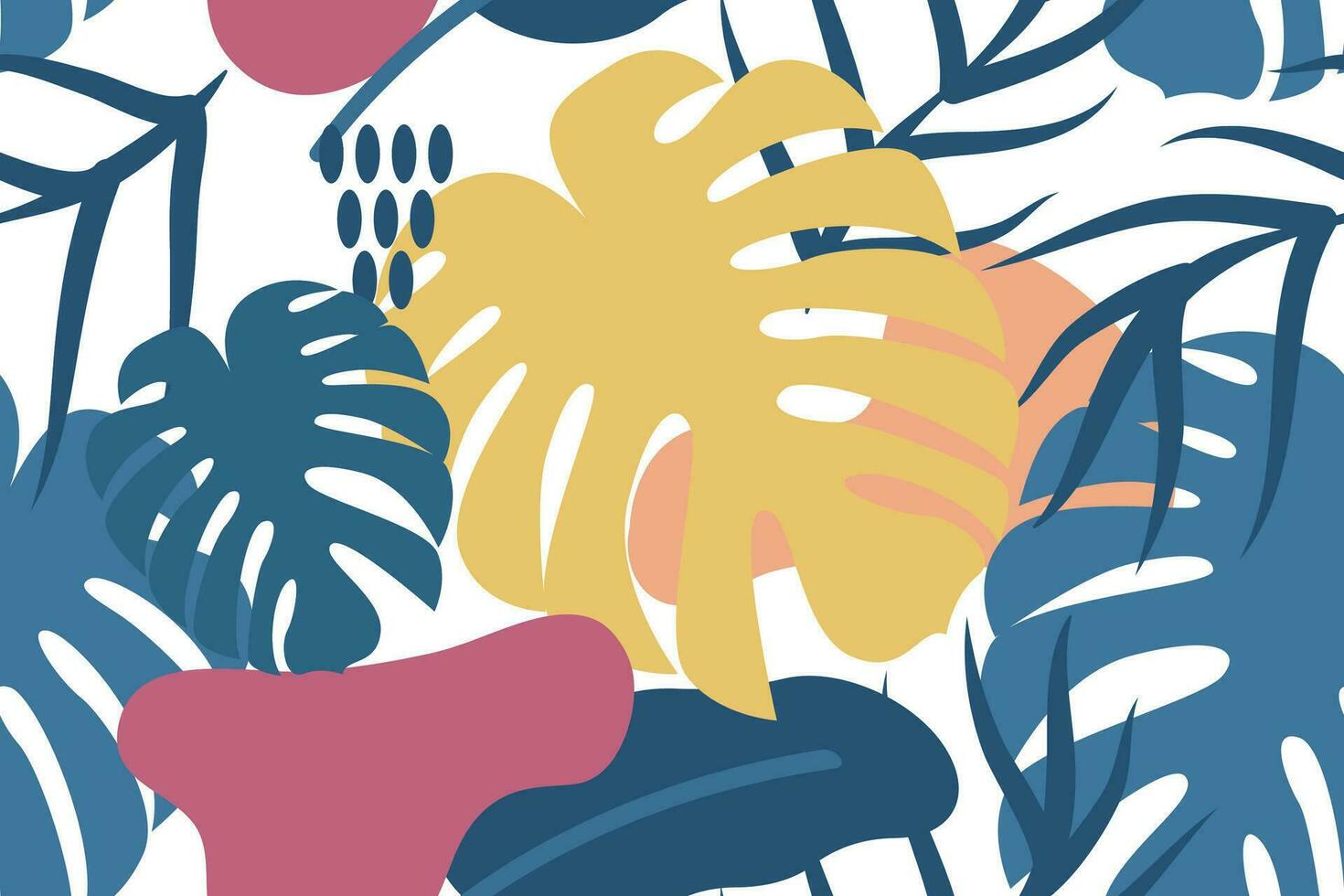 Monstera leaves, palms and tropical plants with abstract organic shapes elements seamless pattern vector