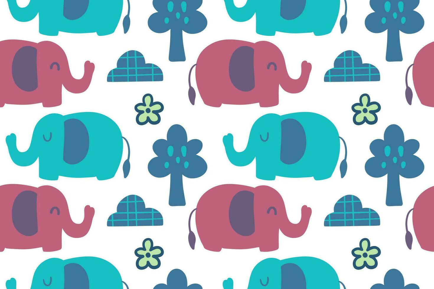 Hand drawn cute elephants with trees and flower cartoon illustration seamless pattern vector