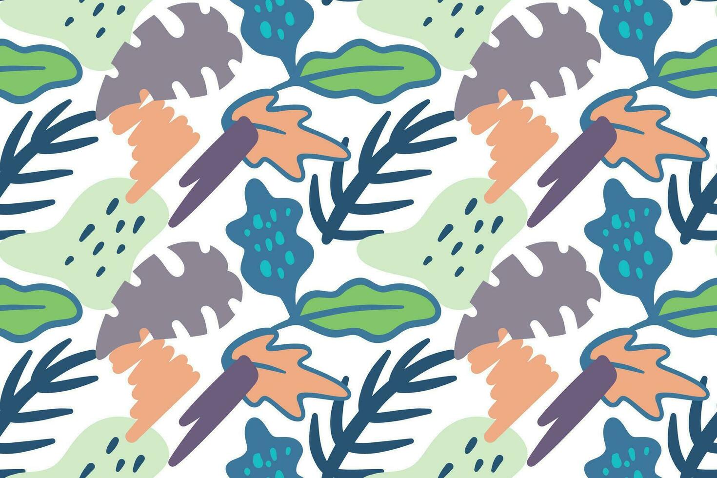 Hand drawn tropical jungle plants with abstract shapes seamless pattern design vector