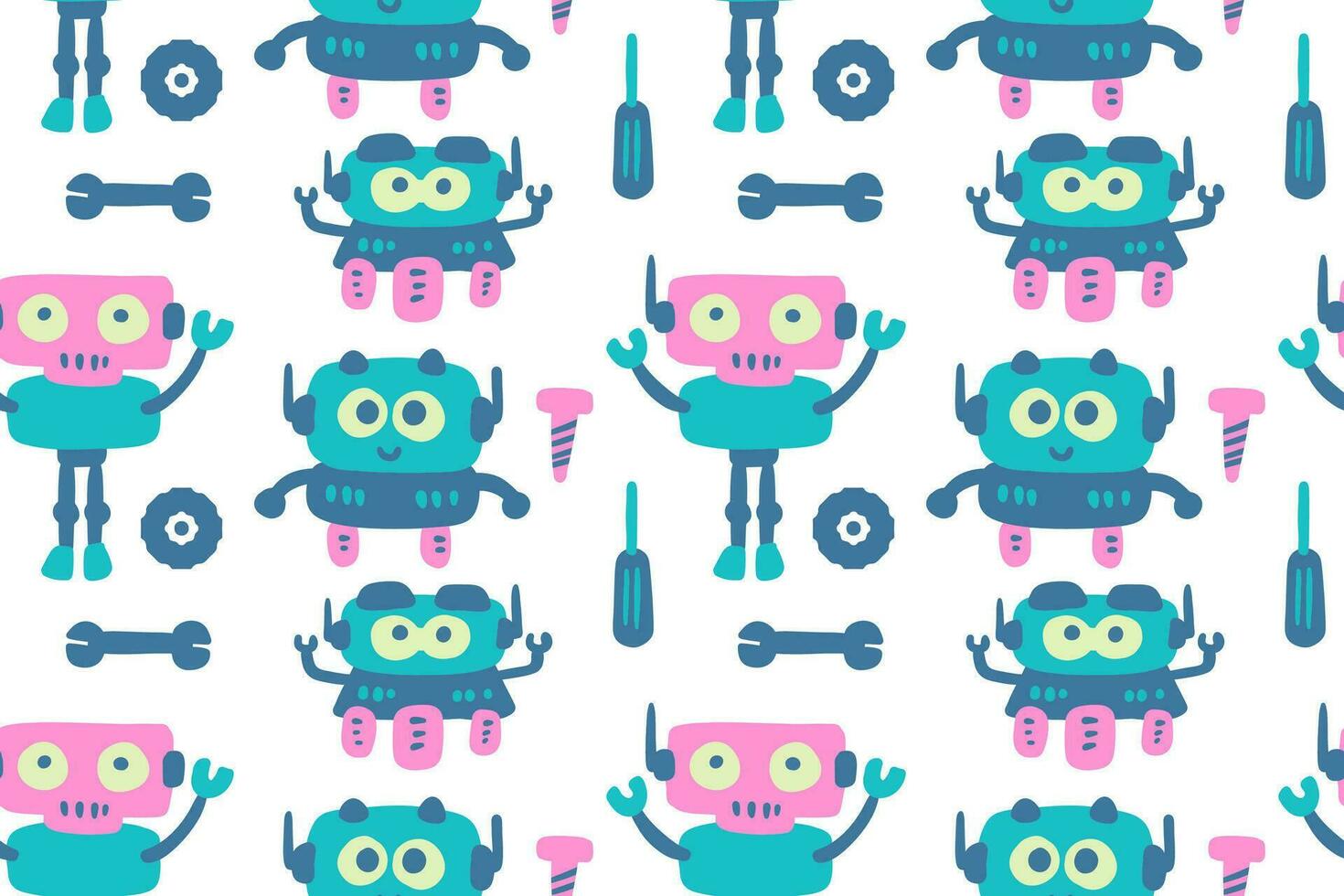 Hand drawn cute little robots cartoon seamless pattern vector