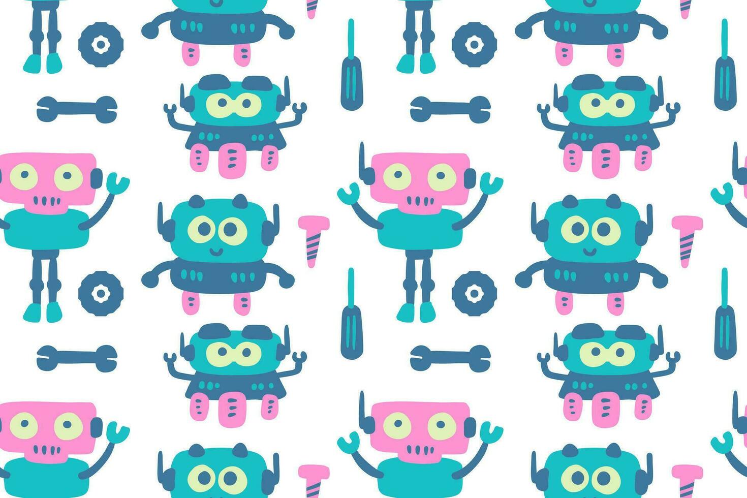 Hand drawn cute little robots cartoon seamless pattern vector