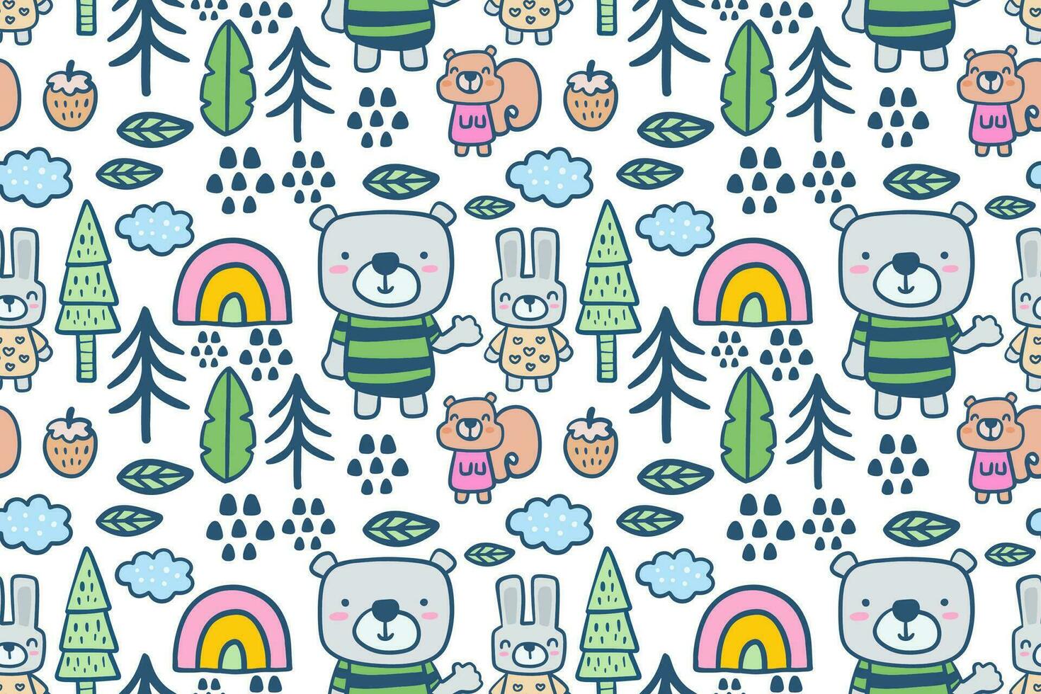 Hand drawn cute forest animals with little bear, bunny rabbit and squirrel cartoon illustration seamless pattern vector