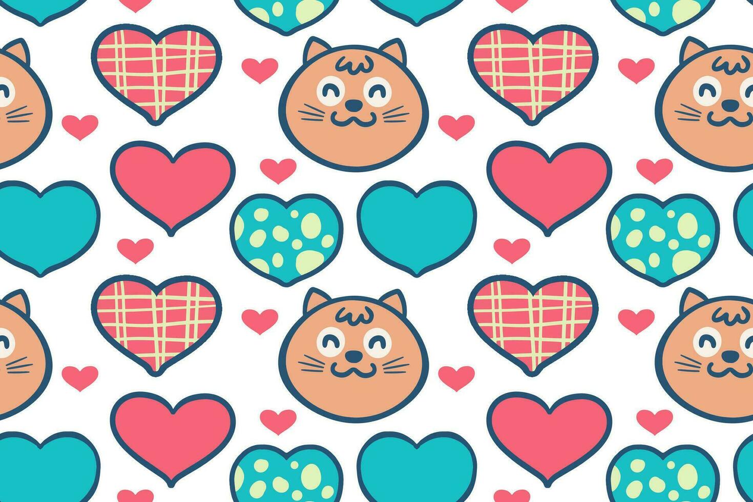 Hand drawn cute cat with various heart shapes cartoon illustration seamless pattern vector