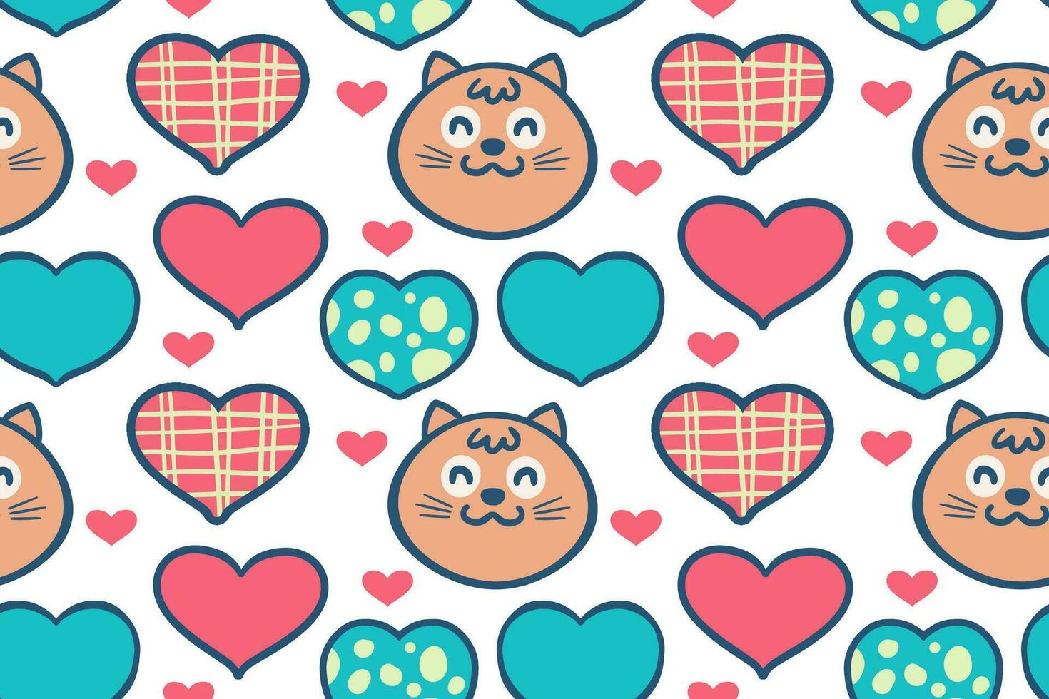 mano dibujado linda gato con varios corazón formas dibujos animados ilustración sin costura modelo vector