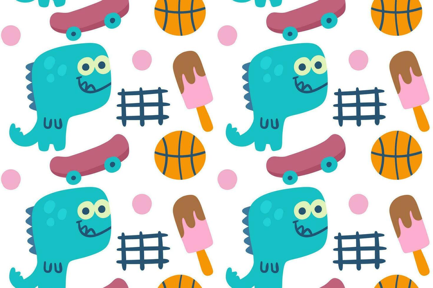 Hand drawn funny little dino with skateboard, basketball and ice cream cartoon illustration seamless pattern vector