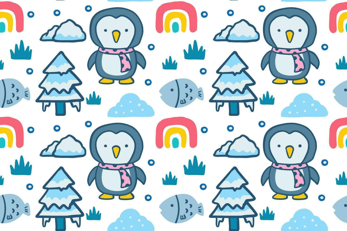Hand drawn cute little penguin with rainbow cartoon illustration seamless pattern vector